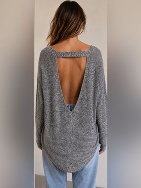 LF Millau Gray Marled High Low Open Back Oversized Knit Sweater M